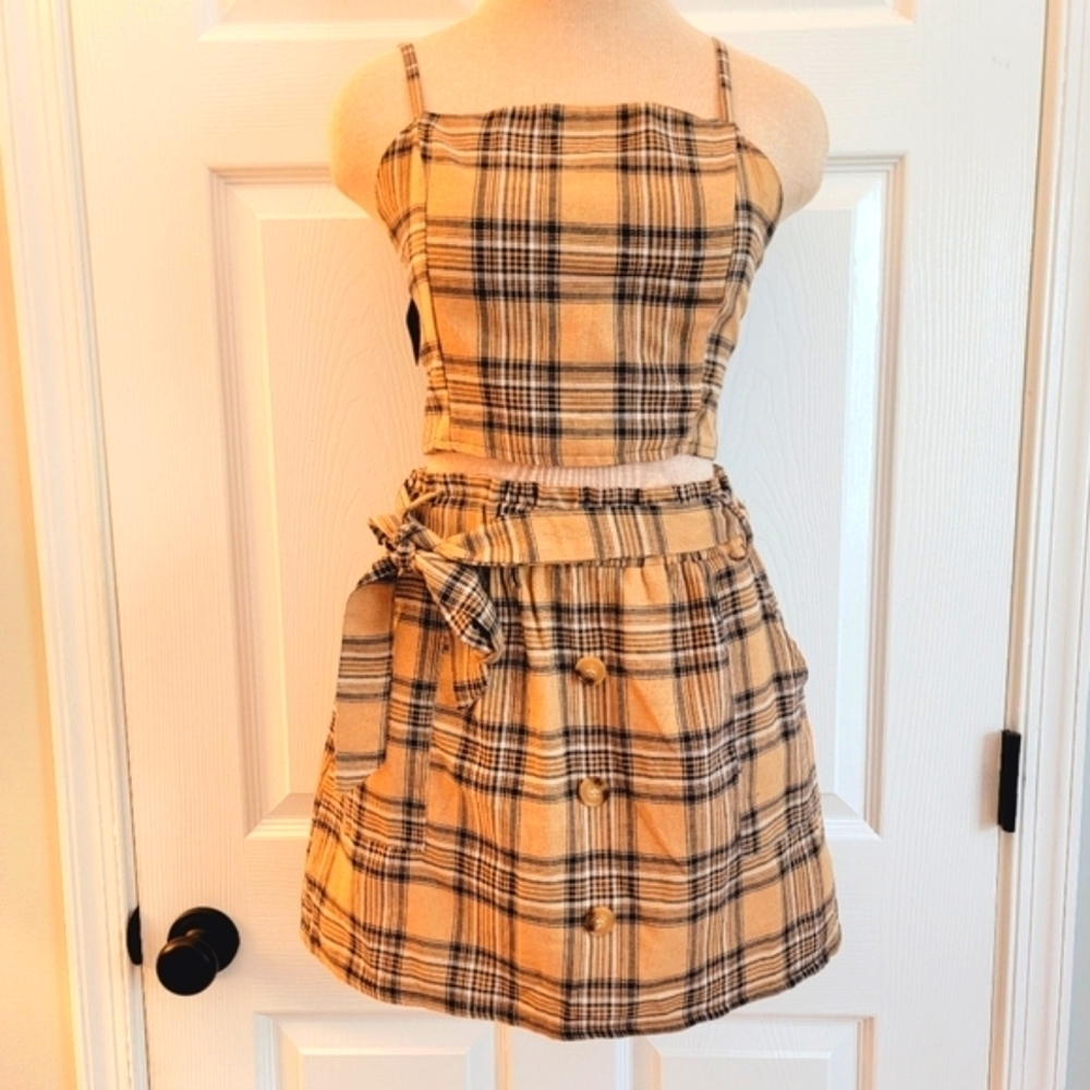 NWT Zaful Tan Plaid 2 Piece Skirt Set L